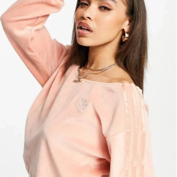 New ADIDAS Cotton Velvet off shoulder 3 strips top sweatshirt in Peach - Picture 5 of 5